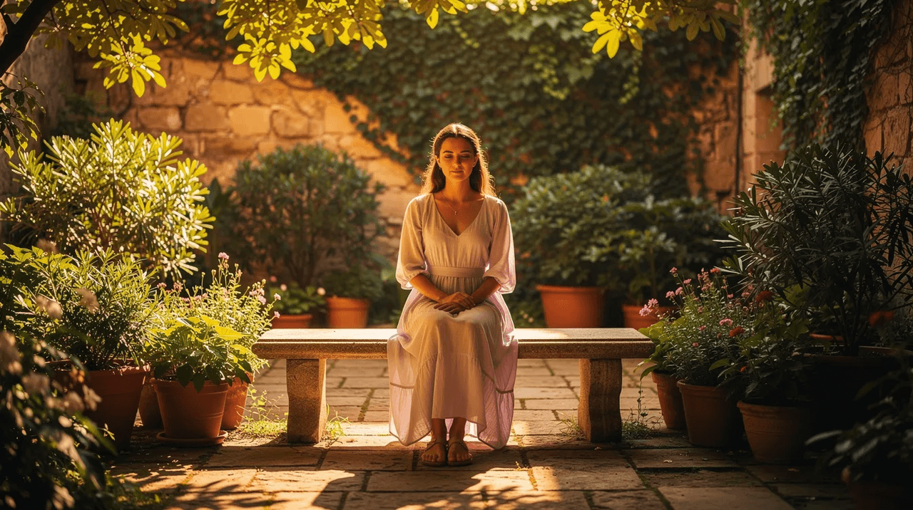 A woman sits peacefully in a sunlit garden courtyard, surrounded by lush green plants, embodying a moment of tranquility that can be beneficial for mental health. This serene setting may serve as a backdrop for cognitive behavioral therapy sessions, helping individuals process traumatic experiences and reduce PTSD symptoms.