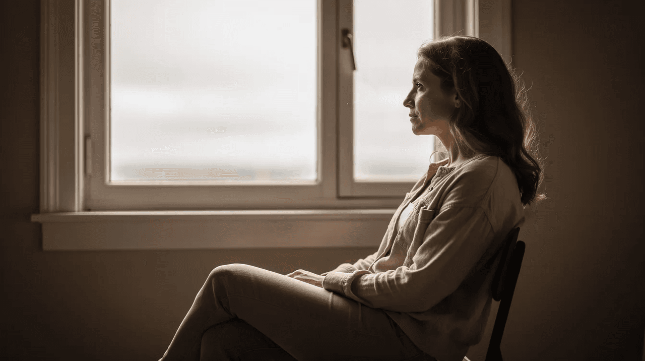 A woman sits alone near a window, bathed in soft natural light, appearing thoughtful and reflective as she contemplates her emotions and struggles with mental health conditions. This serene moment captures the essence of emotional regulation and the journey through recovery, highlighting the importance of managing intense feelings in the present moment.