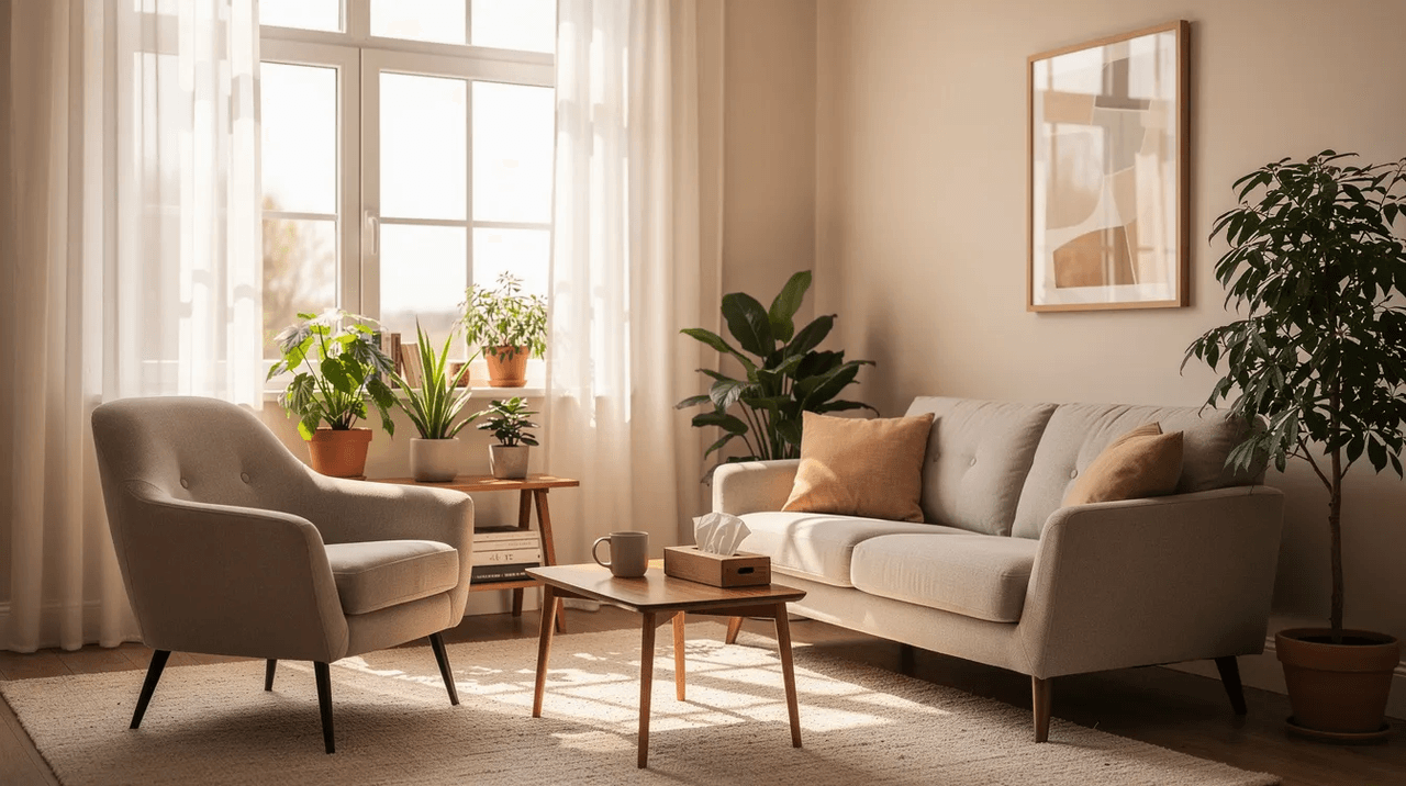 The image depicts a serene therapy room bathed in soft natural light, featuring comfortable seating and lush indoor plants, creating a supportive environment for trauma-informed care. This calming space is designed to promote emotional safety and healing for individuals dealing with trauma histories and mental health conditions.