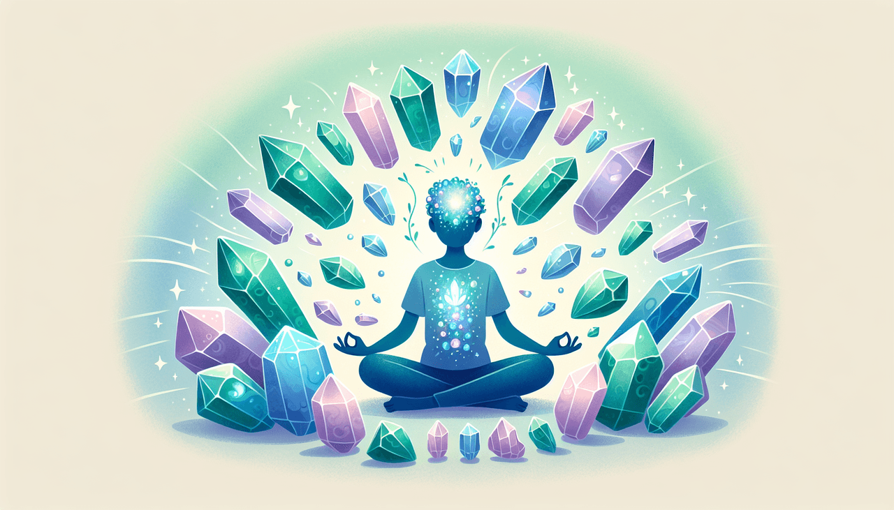 A cartoon showing a person meditating with crystals around them, emphasizing their role in managing addiction.
