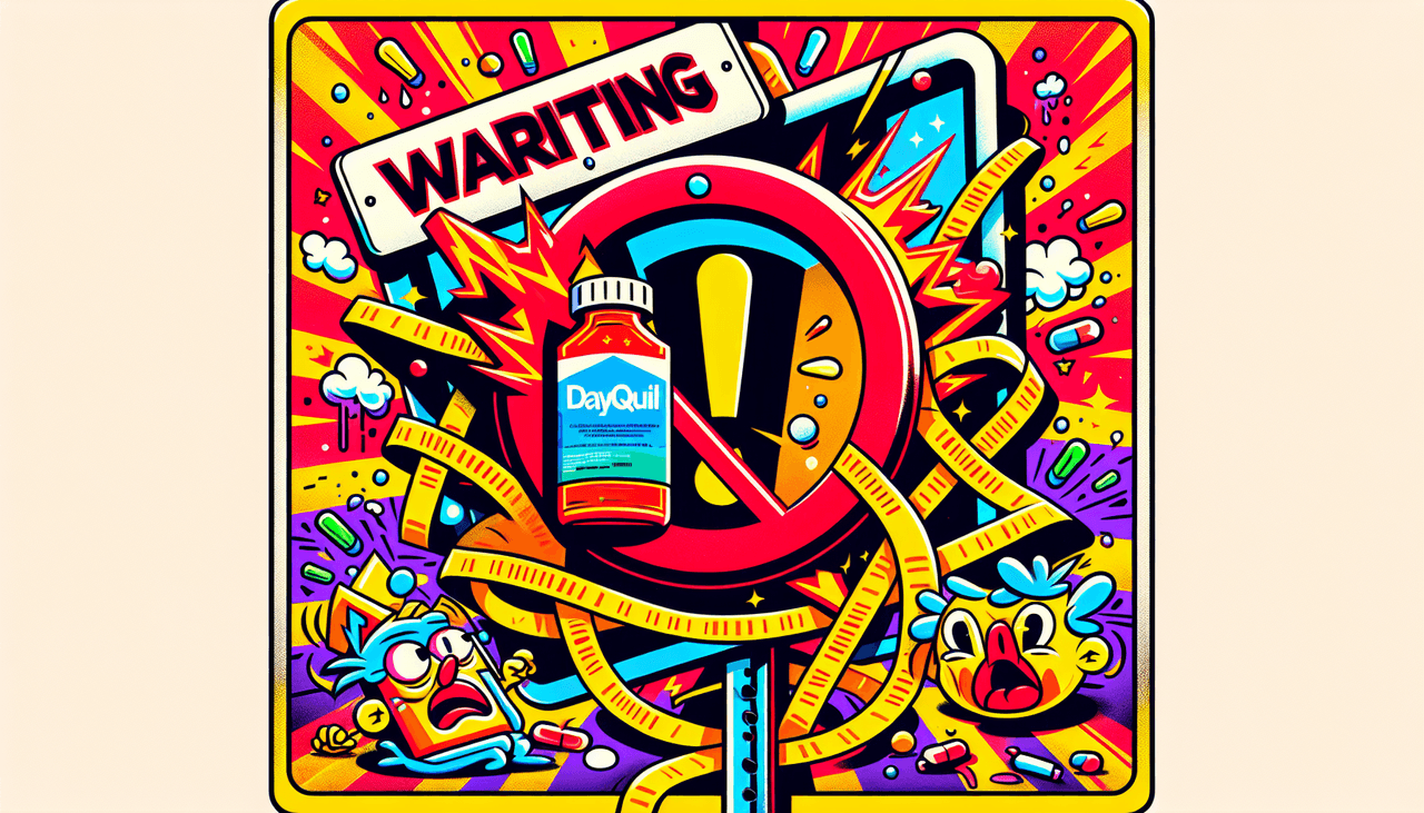 A warning illustration about the dangers of mixing DayQuil and alcohol.
