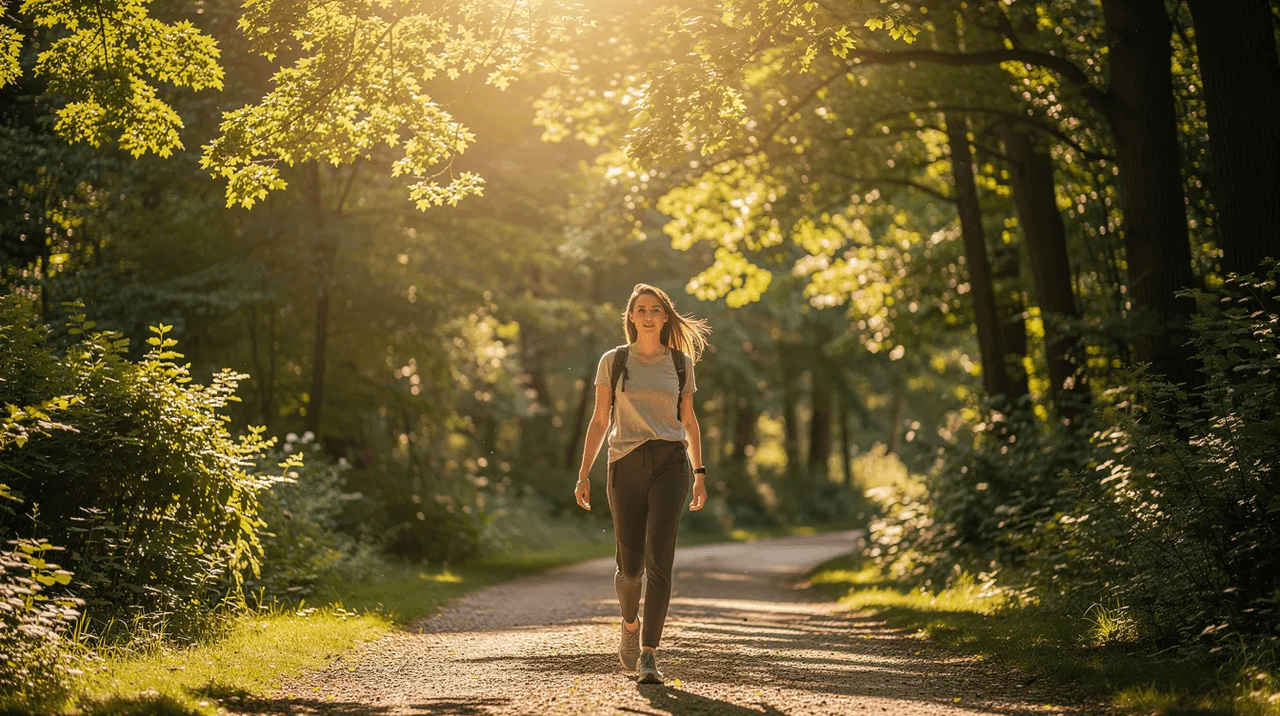 A woman is walking on a sunlit outdoor path, surrounded by lush green trees, embodying a sense of peace and presence in the moment. This serene scene can serve as a grounding technique for those coping with mental health conditions, helping to manage overwhelming stress and stay connected to reality.