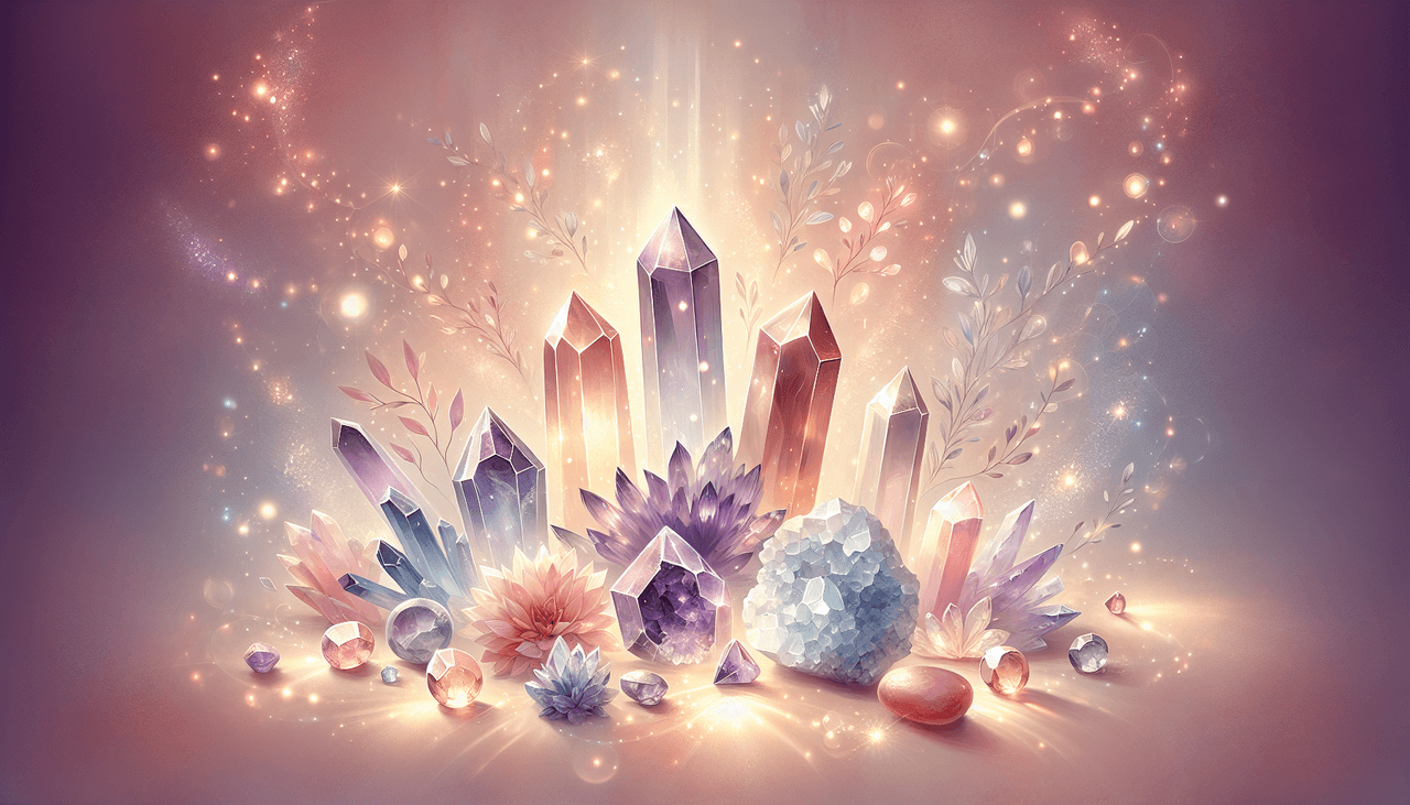 An illustration of various healing crystals used for addiction recovery, including a purple crystal.