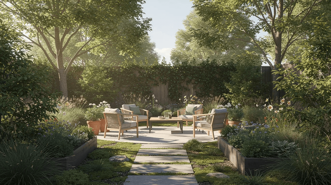 The image depicts a serene outdoor garden space bathed in natural sunlight, featuring comfortable seating areas surrounded by lush greenery. This tranquil environment promotes mental health and well-being, reflecting trauma-informed principles by creating a safe and calming atmosphere for individuals recovering from trauma.