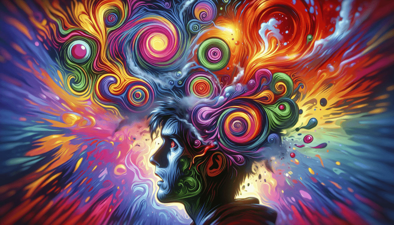 A cartoon depicting the concept of addiction, with a blurred image of LSD.