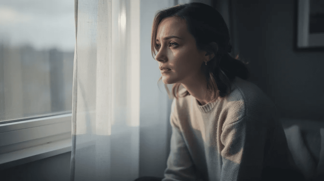 A woman sits by a window, lost in thought with a distant gaze, as soft light filters through the curtains, reflecting her emotional state. This serene moment captures the complexity of mental health, hinting at coping mechanisms for managing overwhelming emotions and the impact of traumatic experiences.