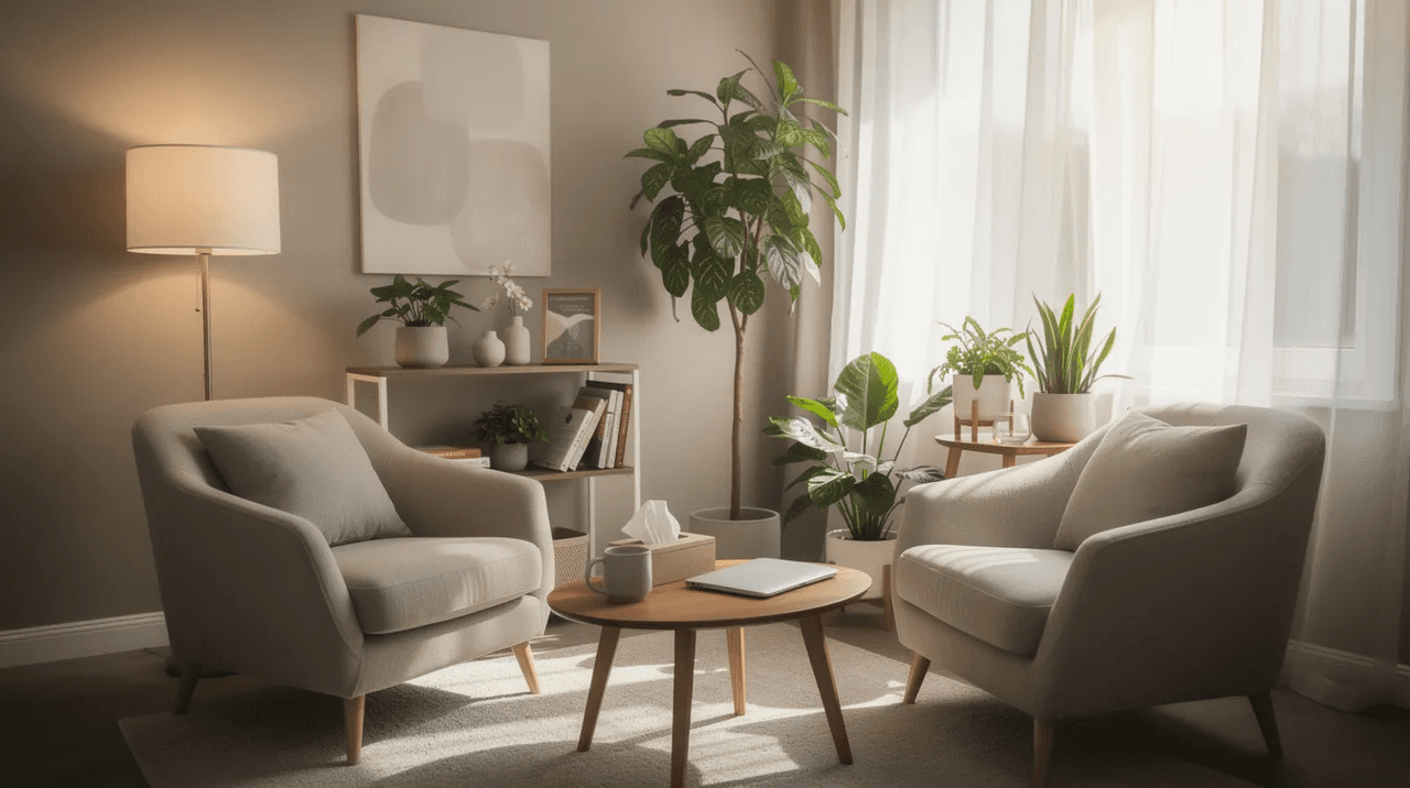 The image depicts a serene therapy room designed for trauma informed care, featuring soft lighting, comfortable chairs, and plants by the window, creating a welcoming environment for mental health services. This calming space emphasizes the importance of a supportive atmosphere for trauma survivors and promotes emotional well-being.