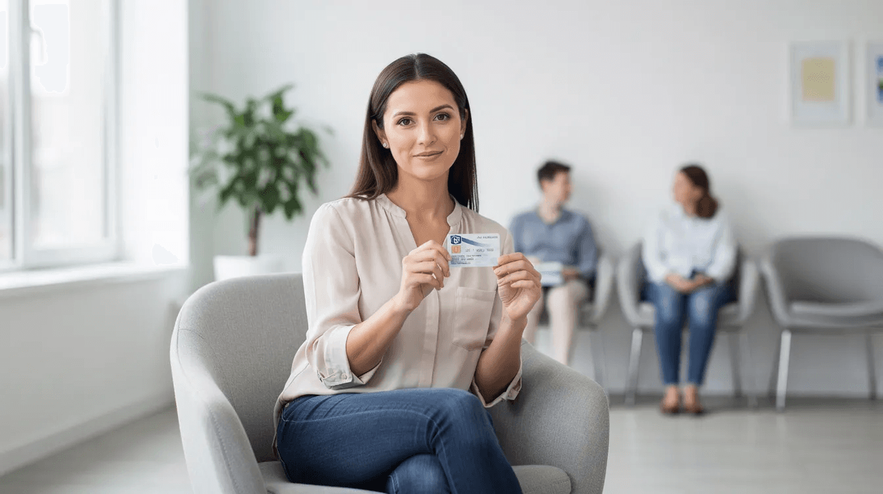 A woman is sitting in a bright and calm waiting room, holding an insurance card that represents her health benefits. The setting suggests a focus on health care, where patients can review their coverage and access resources related to treatment and services.
