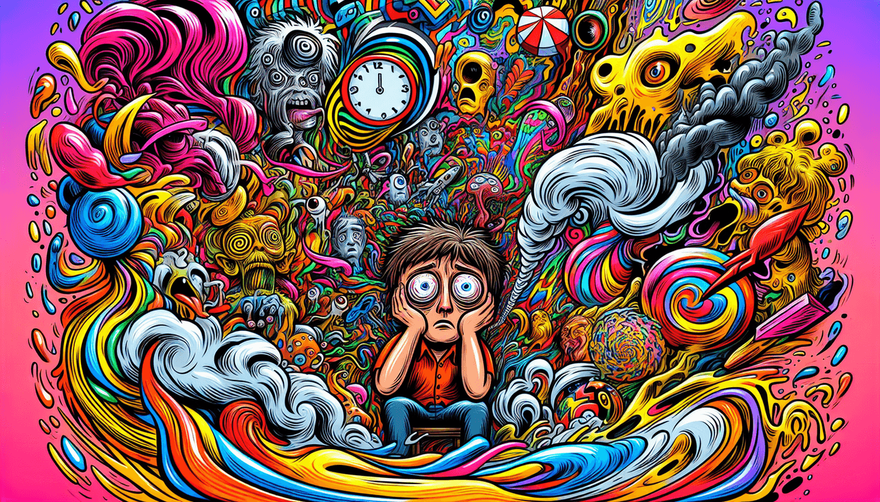 A cartoon illustrating safety concerns related to LSD, including panic attacks.