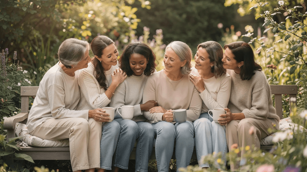 A diverse group of women from various cultural backgrounds sits together in a serene garden, engaging in a moment of calm connection that reflects their shared experiences and cultural identities. This peaceful gathering emphasizes the importance of multicultural counseling and the therapeutic relationships fostered among clients from diverse populations.
