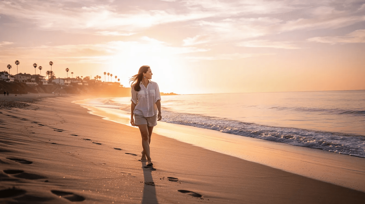 A woman strolls along a serene Southern California beach during golden hour, with soft waves lapping at her feet and the sun setting in the background. This peaceful scene reflects the importance of mental health and well-being, highlighting the need for trauma-informed care practices that empower individuals who have experienced trauma.