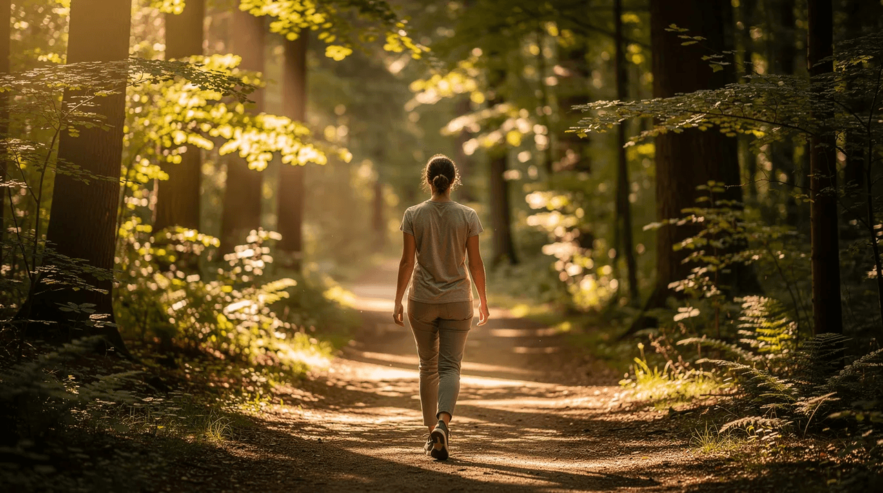 A woman walks along a serene trail surrounded by trees, with sunlight gently filtering through the leaves, creating a calming atmosphere. This peaceful scene can evoke feelings of emotional processing, often beneficial in therapeutic approaches like cognitive behavioral therapy for those dealing with trauma or PTSD symptoms.