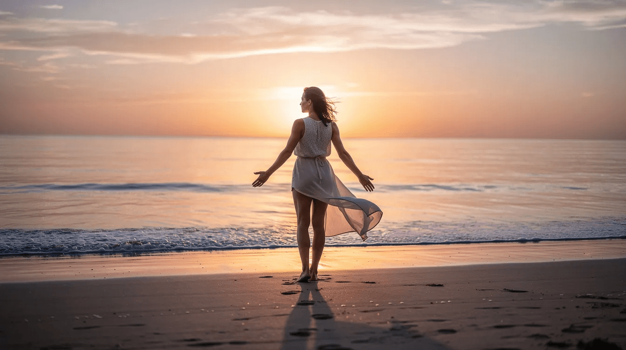 A woman stands confidently on a beach at sunrise, with her arms slightly outstretched, symbolizing the healing power of adventure therapy in natural settings. This serene outdoor environment promotes emotional safety and personal growth, making it an ideal backdrop for experiential education and therapeutic adventure programs.