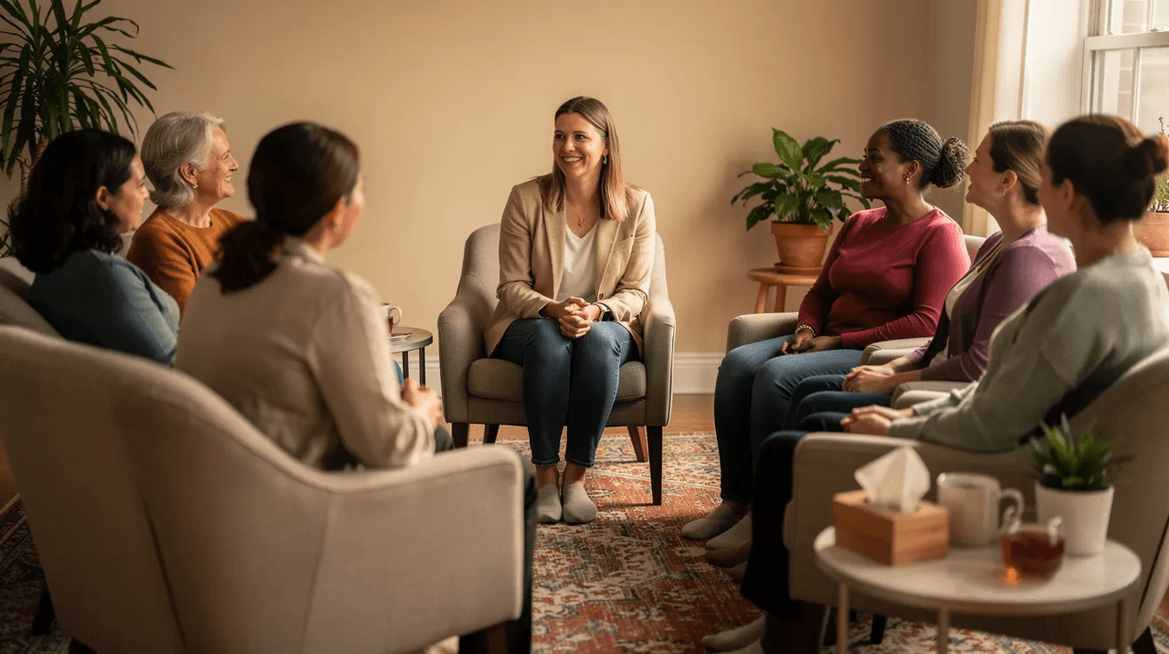 A diverse group of women sits in a warm, welcoming room, engaged in a supportive therapy circle, discussing their experiences and coping strategies related to trauma. This scene reflects a trauma informed approach to mental health, fostering emotional safety and healthy relationships among trauma survivors.
