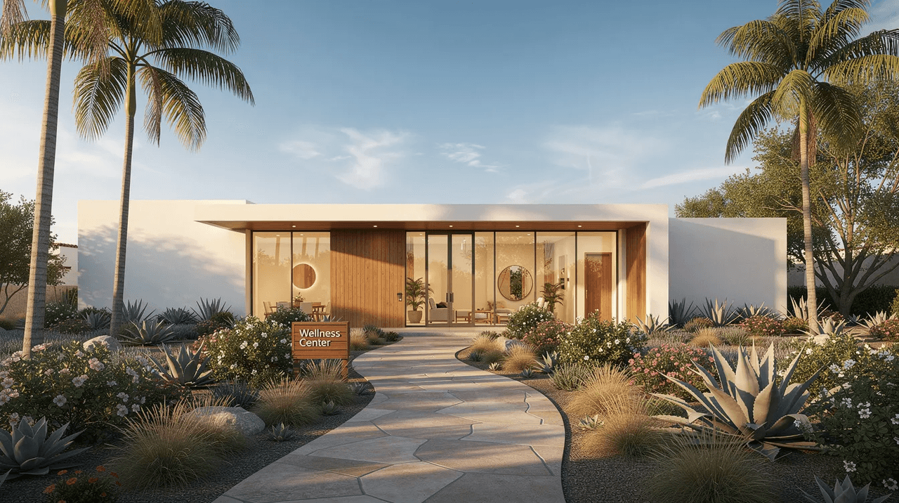 The image depicts a serene wellness center in Southern California, surrounded by tall palm trees and bathed in warm sunlight, with a welcoming garden pathway leading to the entrance. This peaceful physical environment emphasizes the importance of trauma informed care and supportive environments for individuals seeking mental health services.