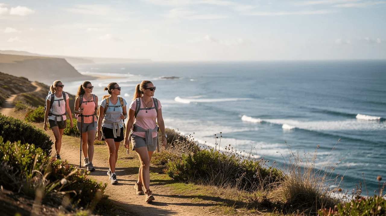A small group of women is hiking along a sunny coastal trail, surrounded by the natural beauty of the ocean. This outdoor adventure exemplifies adventure therapy, promoting mental health and personal growth through experiential education in a supportive environment.