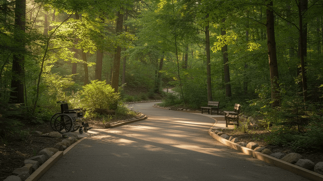 A serene trail meanders through lush green trees, with dappled sunlight filtering through the leaves, creating a tranquil atmosphere ideal for adventure therapy. This inviting and accessible path promotes healing and personal growth, making it a perfect setting for outdoor experiential therapy programs aimed at enhancing mental health and emotional well-being.