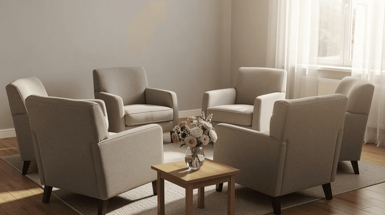 The image depicts a calm, softly lit room designed for mental health services, featuring comfortable chairs arranged in a circle, fresh flowers on a side table, and natural light filtering through a window. This serene environment promotes a trauma informed care approach, creating a safe space for individuals to engage in healing and recovery.