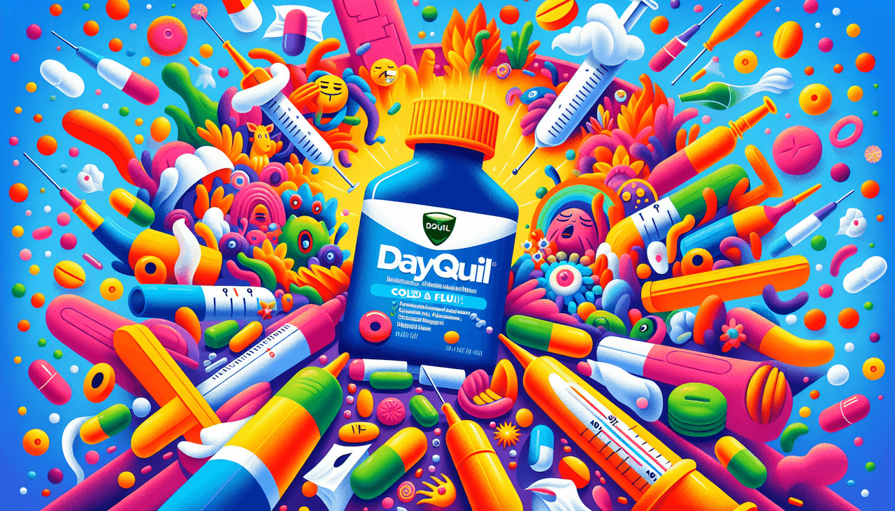 An illustration depicting DayQuil and its active ingredients.