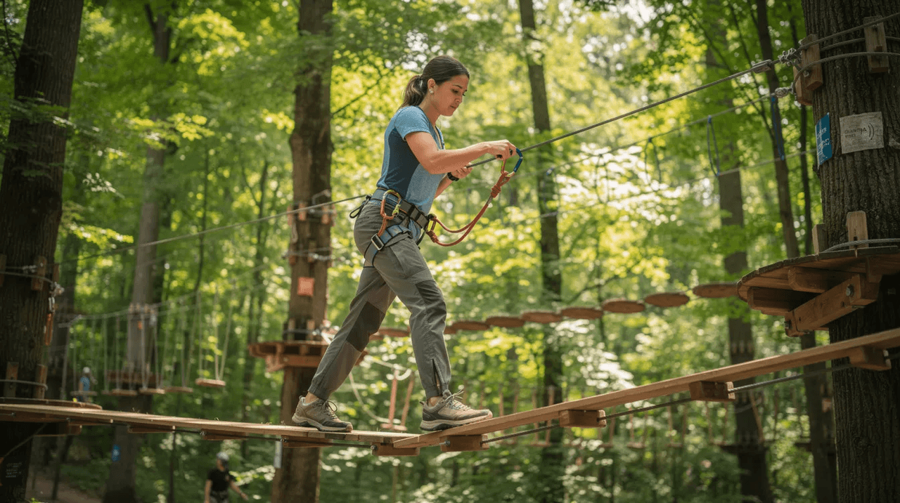 A woman is confidently navigating a ropes course, surrounded by tall trees and wearing a safety harness, illustrating the concept of adventure therapy in a natural setting. This outdoor experiential therapy program promotes personal growth and emotional regulation through physical challenges and adventure experiences.