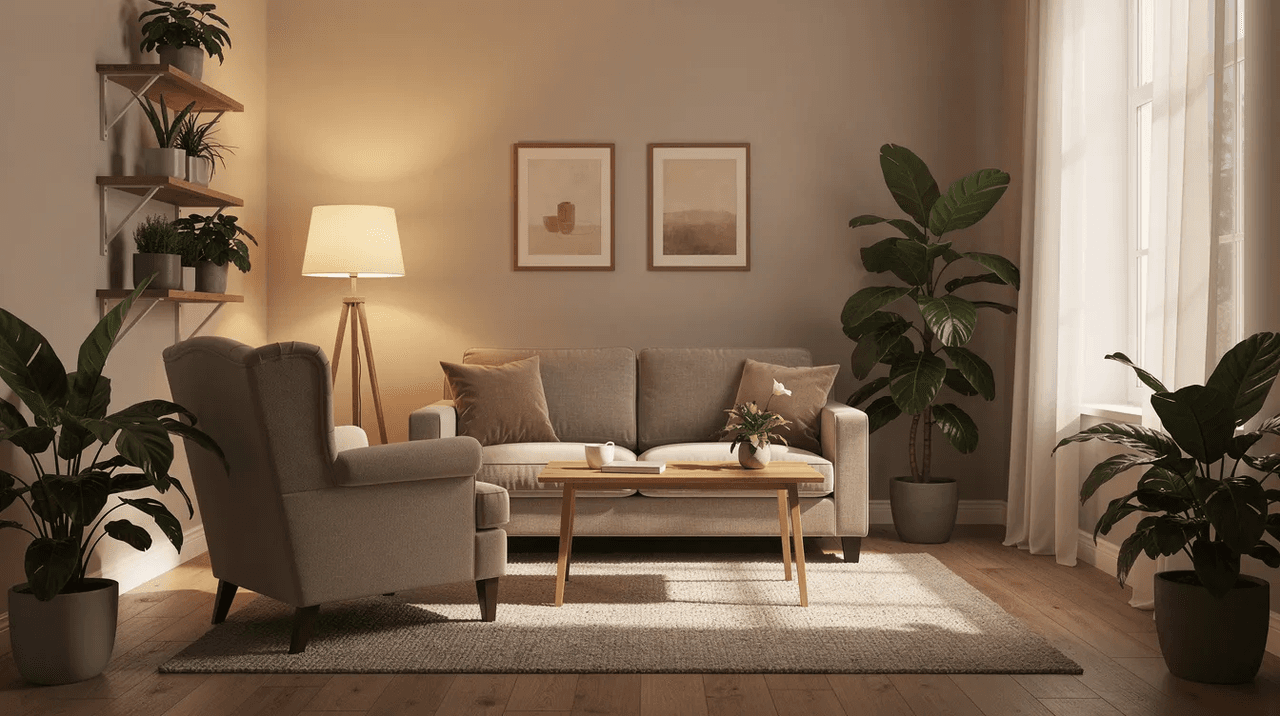 The image depicts a warm and inviting therapy room, softly illuminated by natural light pouring through a window, with comfortable seating and lush plants, creating a safe space that embodies trauma-informed care principles. This environment is designed to promote psychological safety and support individuals in their journey towards trauma recovery and mental well-being.