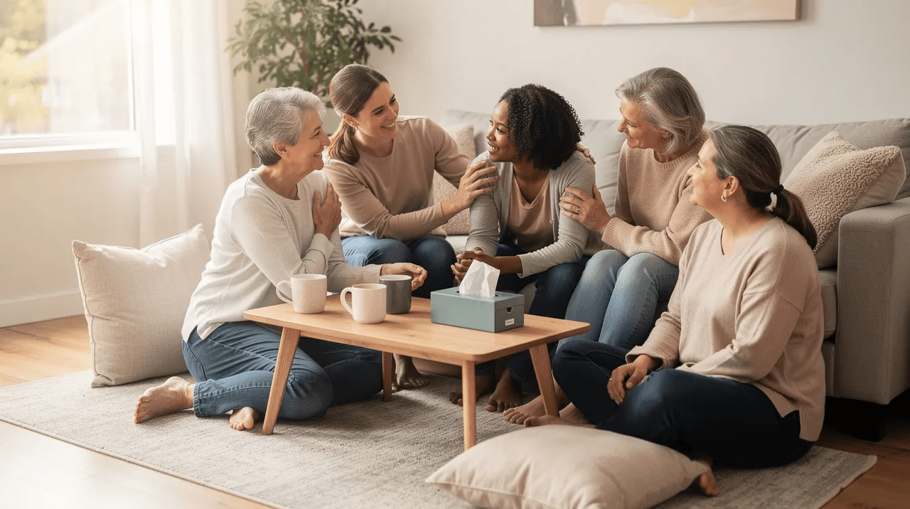 A supportive circle of women is gathered in a bright, comfortable room filled with natural light, creating a warm atmosphere for sharing and healing. This setting emphasizes the importance of community in addressing trauma and mental health, particularly in the context of PTSD treatment and therapeutic processes.