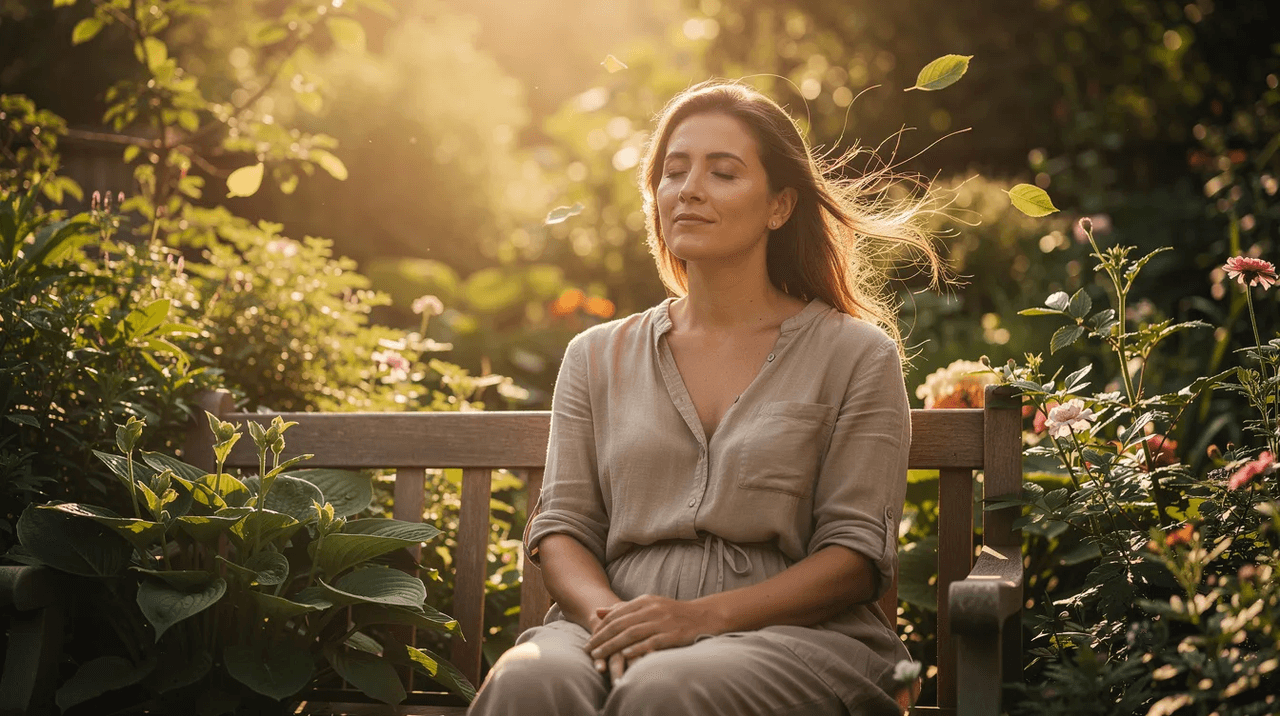 A woman sits peacefully in a sunlit garden surrounded by lush greenery, embodying resilience and hope. This serene scene reflects the principles of trauma-informed care, emphasizing emotional safety and the healing power of nature for trauma survivors.