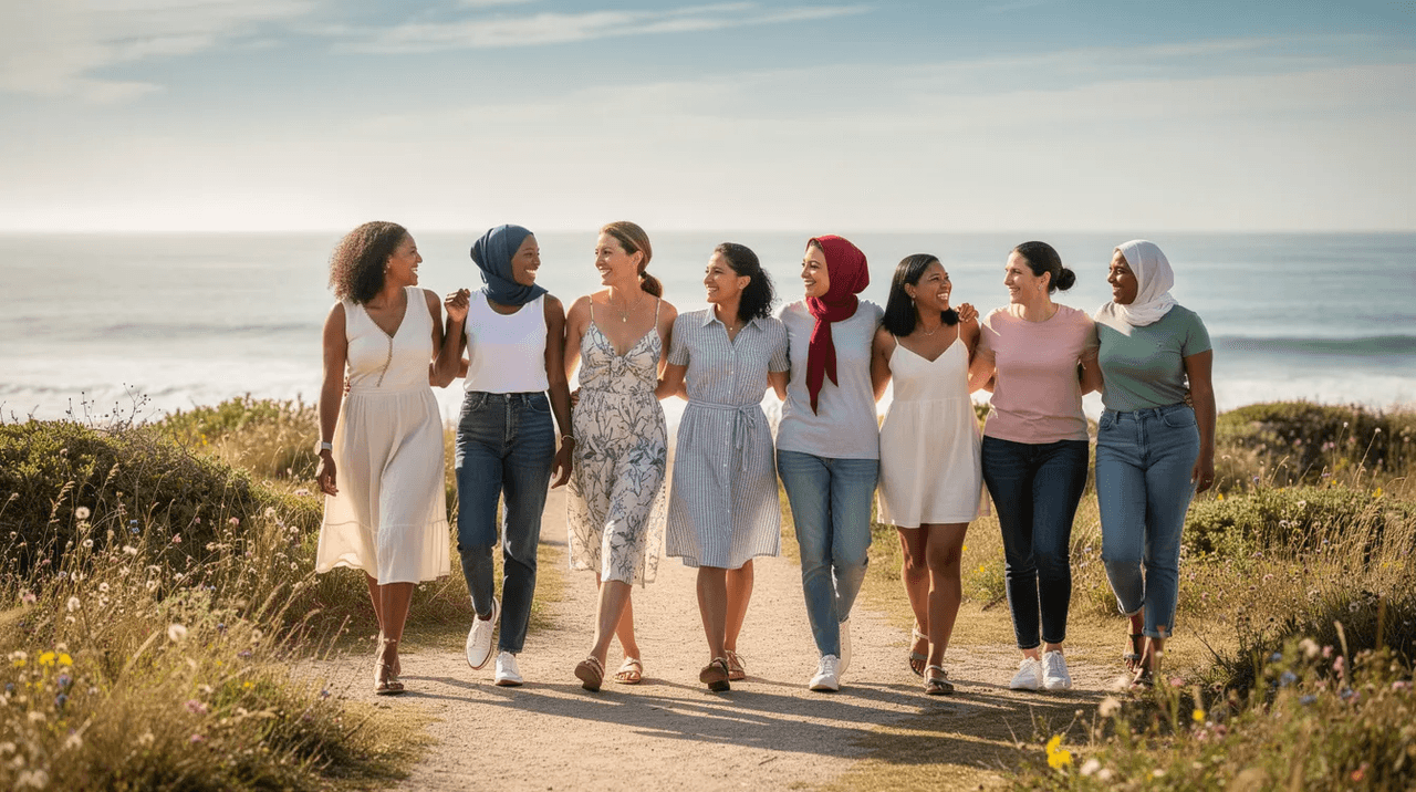 A diverse group of women walks together on a sunny coastal path, sharing smiles and laughter as they enjoy the present moment by the gentle ocean waves. This scene captures the essence of connection and emotional regulation, highlighting the importance of supportive relationships in managing intense emotions and navigating life's challenges.