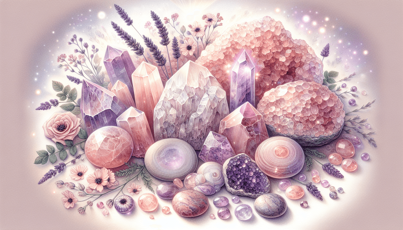 An illustration of various healing stones, including rose quartz and lepidolite, used for emotional healing.