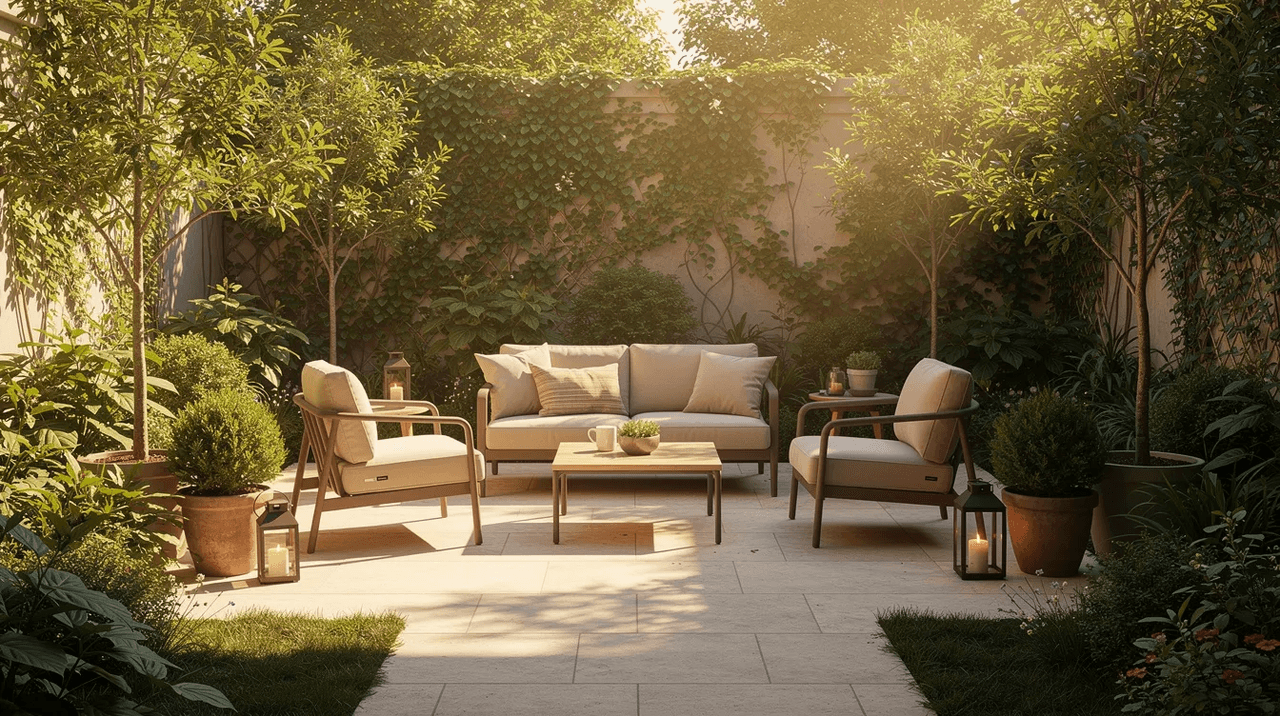 The image depicts a serene garden courtyard featuring comfortable outdoor seating, surrounded by lush green plants bathed in warm sunlight, creating a peaceful atmosphere conducive to relaxation and emotional processing. This tranquil setting can serve as a supportive environment for individuals undergoing trauma-focused therapy, such as cognitive behavioral therapy or prolonged exposure therapy, helping to alleviate PTSD symptoms.