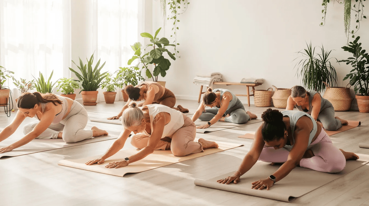 The image features a diverse group of women practicing gentle yoga together in a bright, airy studio filled with plants and soft natural lighting, promoting a sense of safety and well-being. This setting reflects trauma-informed practices that empower individuals to engage in physical and mental health activities, fostering healing and recovery from past trauma.