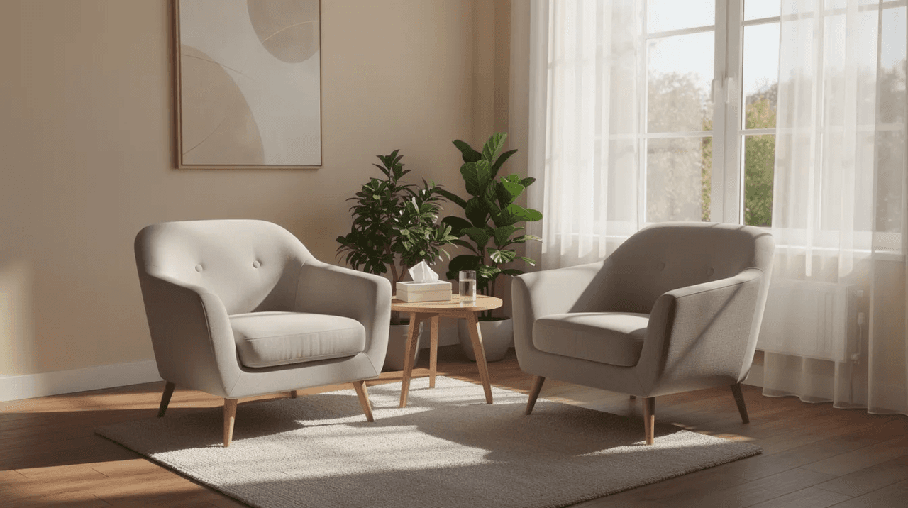 The image depicts a serene therapy room bathed in soft, natural light, featuring comfortable chairs that promote physical and emotional safety. This inviting space is designed for trauma-informed therapy, supporting mental health professionals in providing care for trauma survivors and enhancing their therapeutic experience.