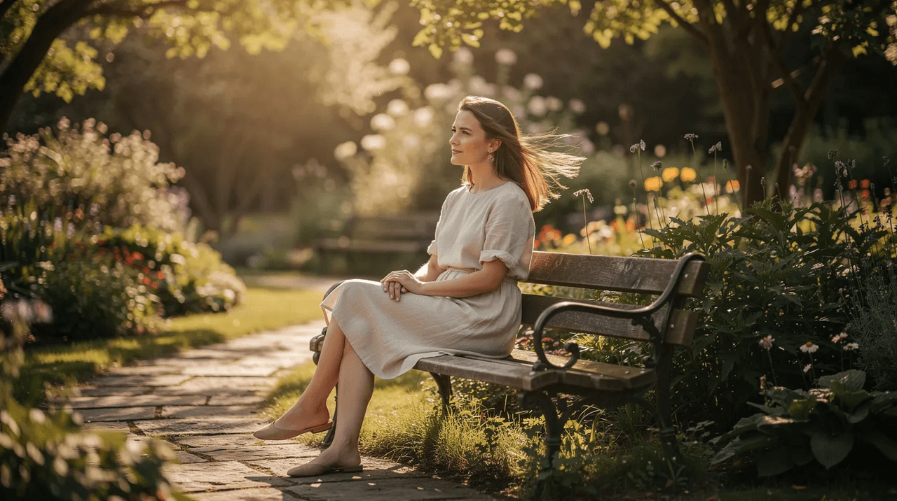 A woman sits alone on a bench in a sunlit garden, appearing contemplative and peaceful, reflecting on her journey towards healing and recovery from trauma. This serene moment illustrates the importance of mental health and trauma-informed care in fostering well-being and safety for trauma survivors.