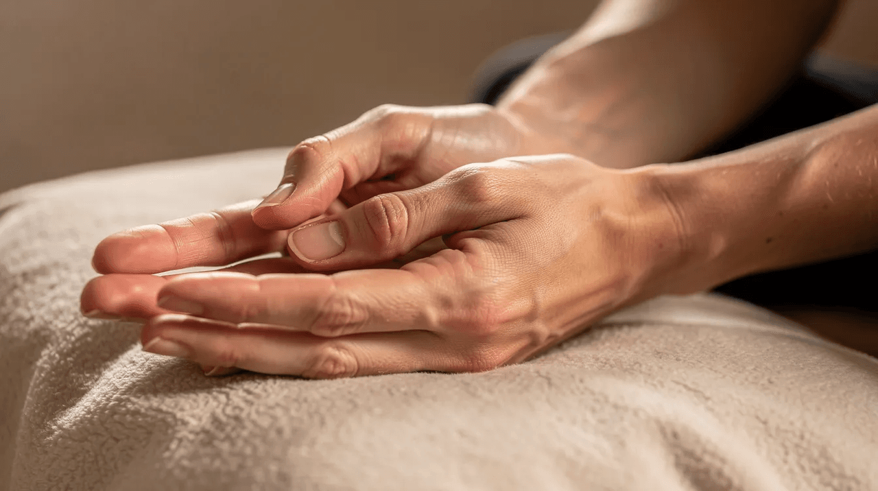A close-up of hands gently resting on a soft surface, symbolizing a grounding or mindfulness exercise, which is an essential practice in trauma informed care to promote emotional regulation and physical and emotional safety for trauma survivors. This image reflects the importance of therapeutic settings in mental health services administration.
