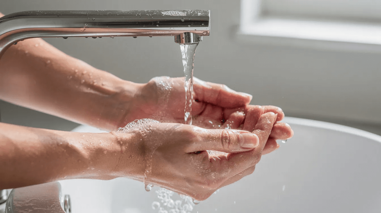 A close-up image shows hands being washed under cool running water from a faucet, highlighting the physical sensations of water as a grounding technique to help manage overwhelming stress and stay present in the moment. This simple act can serve as a coping mechanism for those experiencing dissociation or emotional numbness.