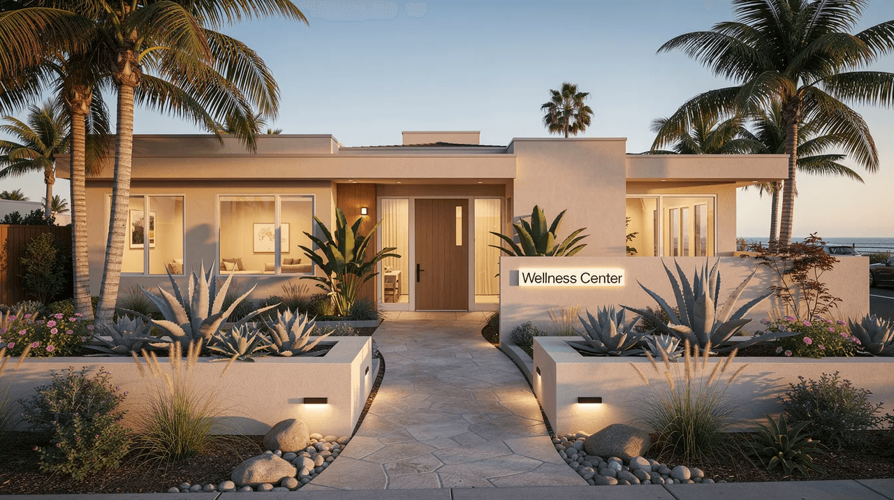 The image depicts the exterior of a warm and inviting wellness center in coastal Southern California, featuring lush landscaping and a private entrance. This space is designed to promote mental health and emotional safety, embodying principles of trauma-informed care for trauma survivors seeking healing and support.