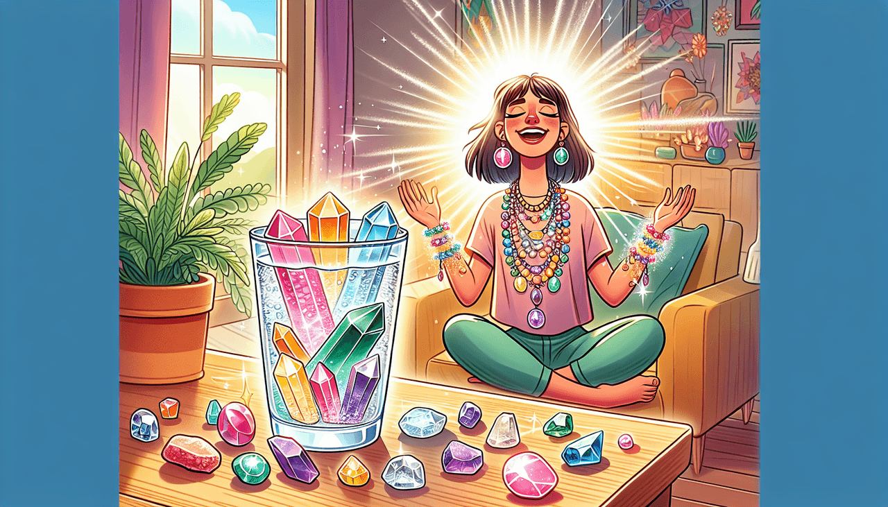 A cartoon image illustrating practical ways to use crystals in addiction recovery, featuring crystal-infused water.