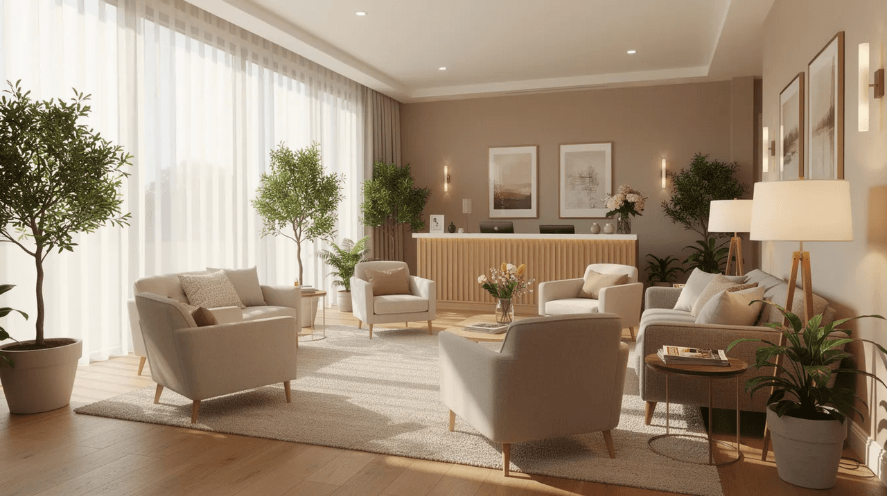 The image depicts a serene, sunlit wellness center interior featuring comfortable seating and ample natural light, creating an atmosphere of safety and warmth, ideal for multicultural counseling and mental health support. This inviting space promotes a therapeutic relationship where clients from diverse backgrounds can feel culturally aware and accepted.