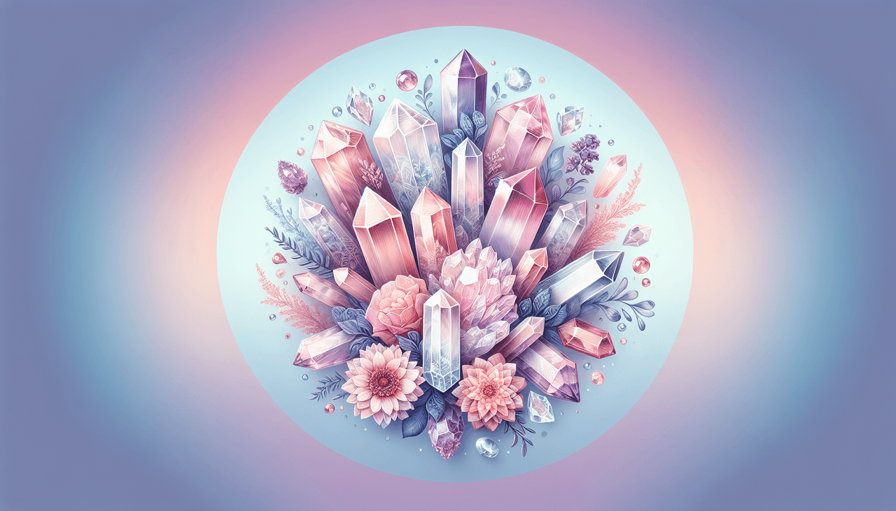 An artistic representation of top crystals for alcohol addiction recovery, featuring rose quartz and clear quartz.