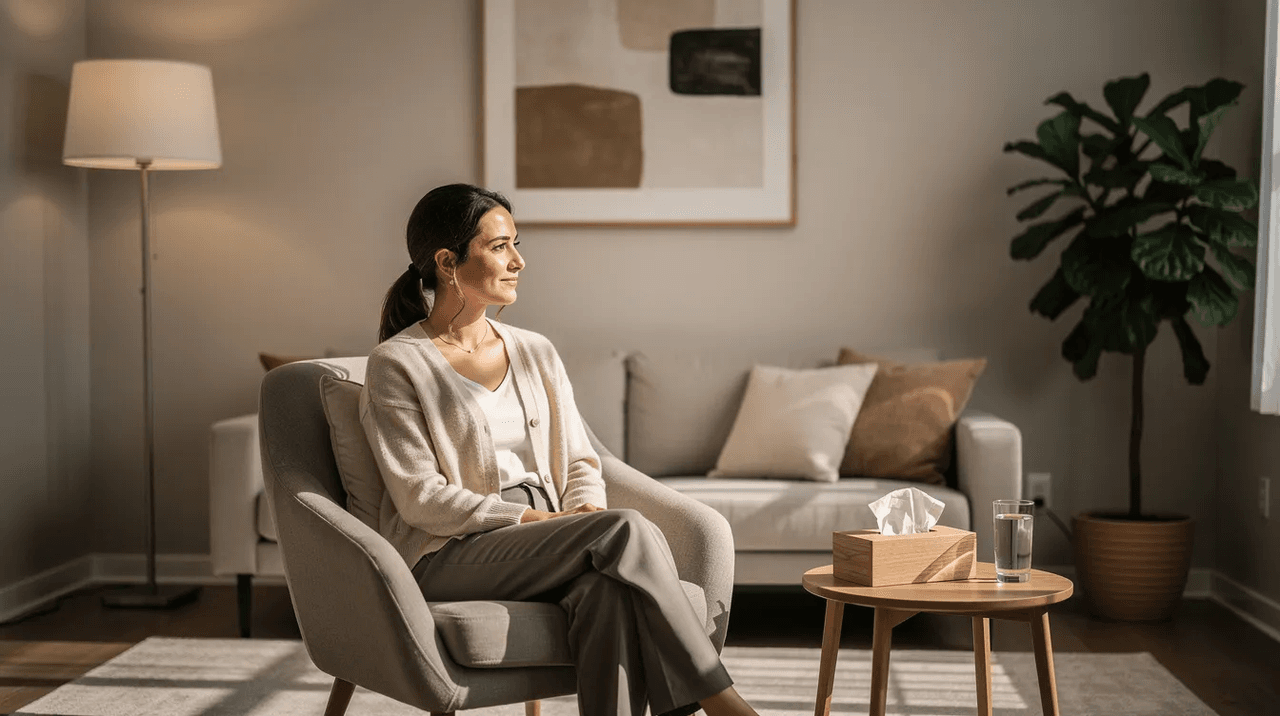 The image depicts a woman seated in a serene therapy office, characterized by soft lighting and comfortable furniture, creating a welcoming atmosphere for mental health discussions. This environment is conducive to therapy sessions that may involve cognitive processing therapy and other evidence-based treatments for posttraumatic stress disorder (PTSD) and related mental health symptoms.