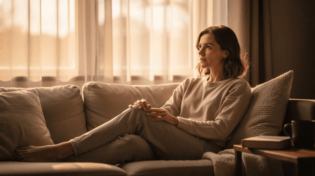 A woman sits quietly on a couch bathed in warm, soft natural light filtering through the curtains, embodying a moment of self care as she takes time to process her feelings and emotions. This serene scene highlights the importance of creating a safe space for trauma survivors to rest and reflect on their mental health journey.