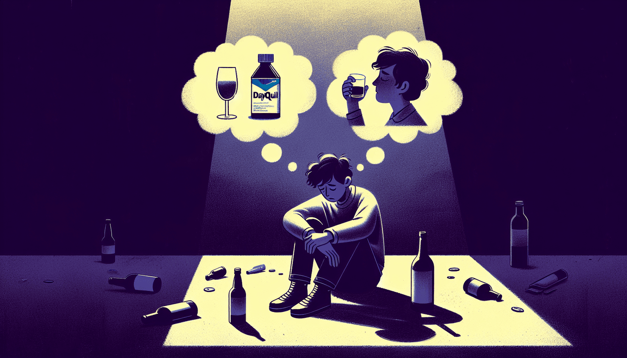 An illustration depicting signs of DayQuil and alcohol dependence.