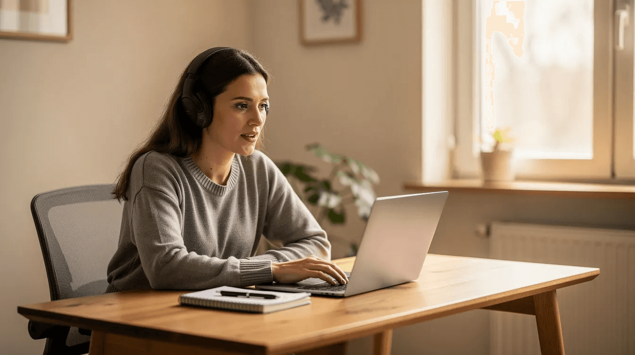 A woman is engaged in a virtual therapy session from her quiet home office, equipped with a laptop and headphones, emphasizing the importance of trauma-informed care in mental health services. The serene environment promotes psychological safety, allowing her to address her mental health symptoms and experiences of trauma effectively.