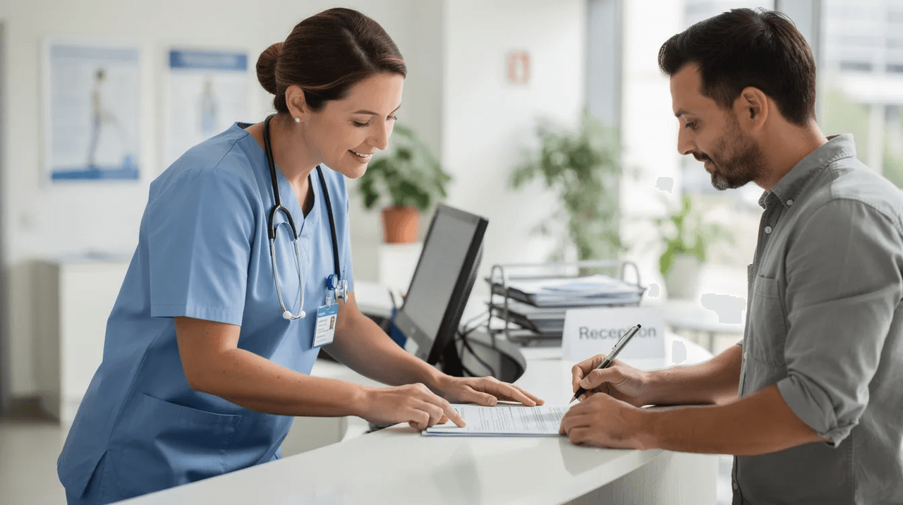 A healthcare professional is assisting a patient at a reception desk, reviewing important documents related to health benefits and coverage options. This interaction emphasizes the support provided by health care providers and third party administrators in navigating treatment plans and claims.