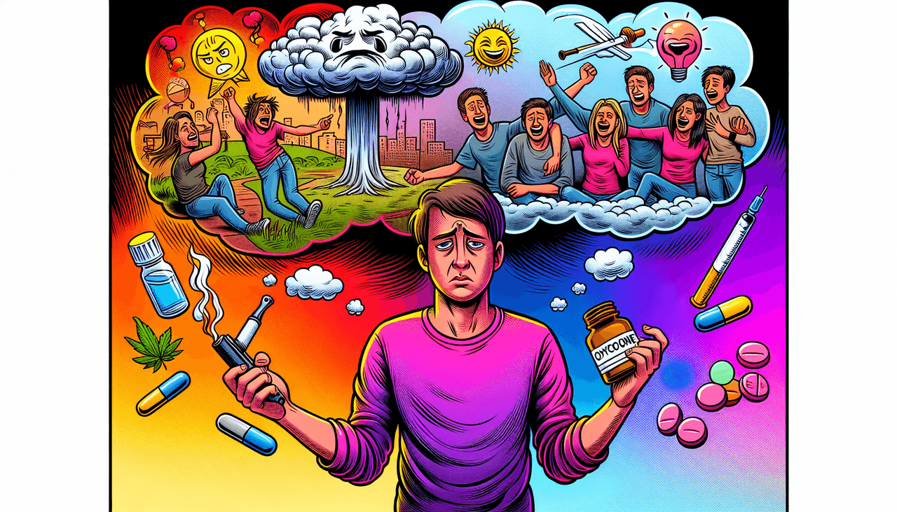A cartoon illustrating reasons why people smoke oxycodone.