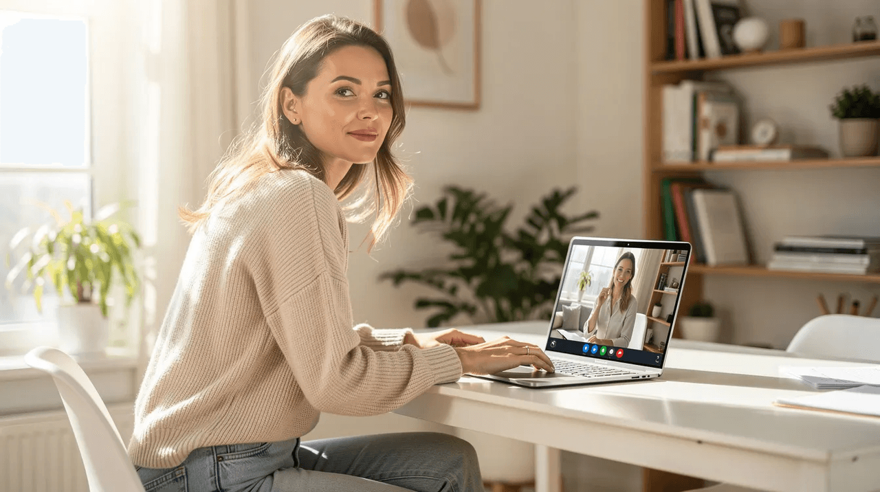 A woman is seated at a laptop in a brightly lit home office, engaged in a virtual therapy session that exemplifies trauma informed care. The environment reflects a supportive space for mental health services, promoting emotional well-being and safety for trauma survivors.