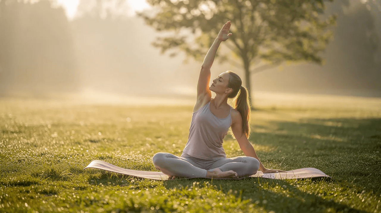 A woman is practicing gentle yoga stretches outdoors on lush green grass in the soft morning light, embodying self care and promoting mental and physical health. This serene scene highlights the importance of taking time for oneself, especially for trauma survivors, as a way to reduce stress and foster healing.
