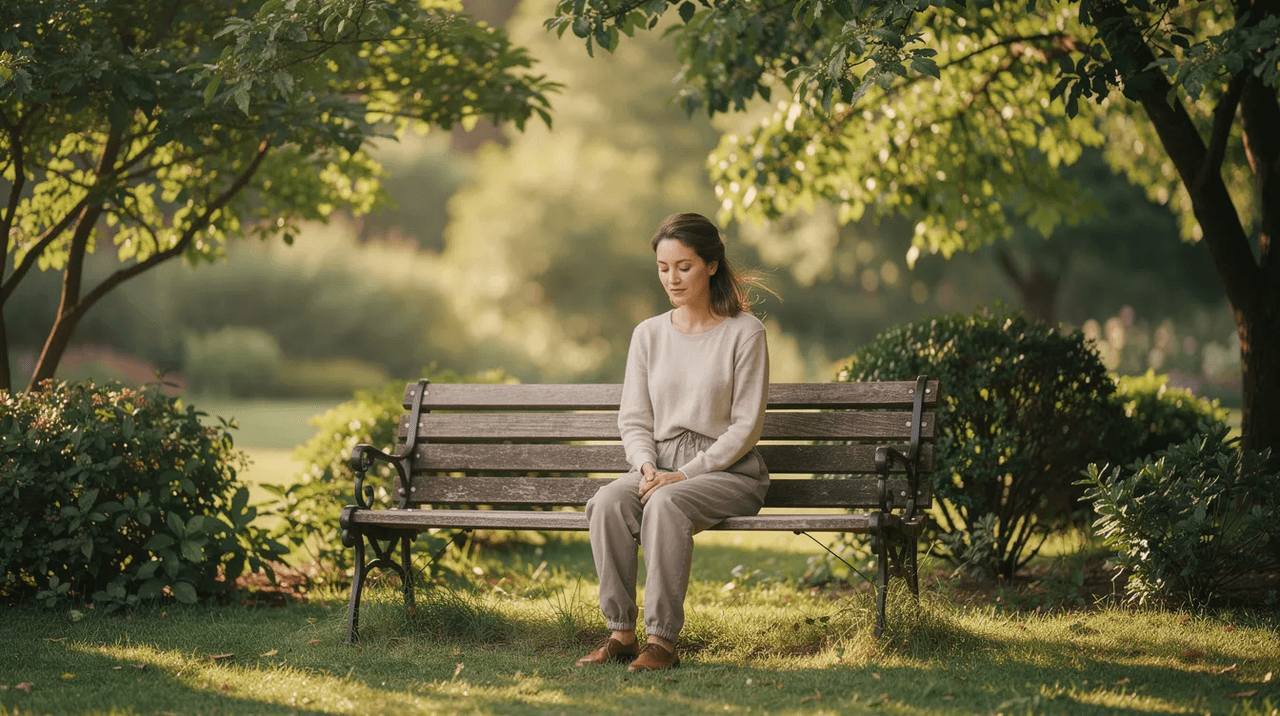 A woman sits peacefully on a bench surrounded by lush greenery, reflecting quietly in the soft natural light. This serene outdoor setting encourages emotional safety, a key principle in trauma informed care, promoting mental health and well-being for individuals with trauma histories.