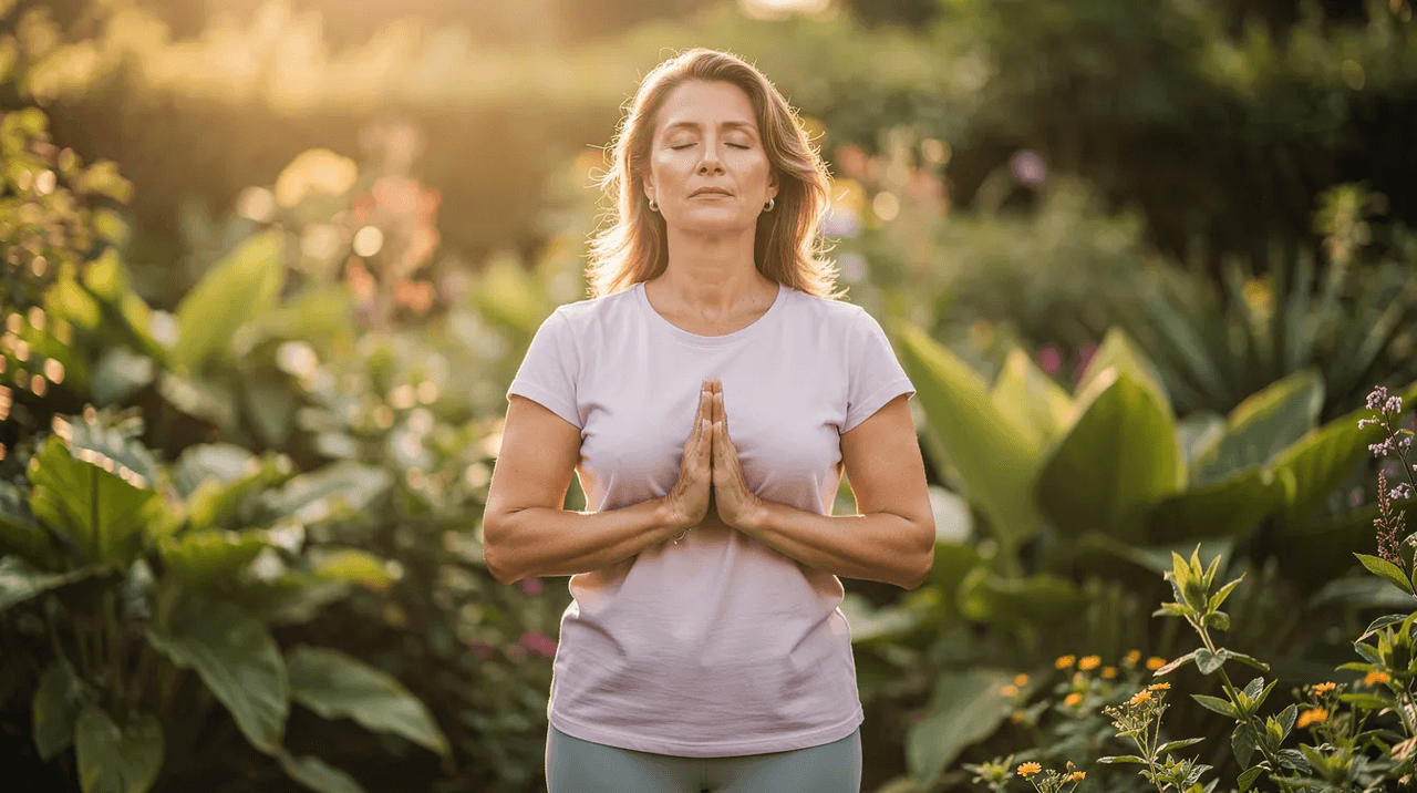 A woman is practicing deep breathing in a serene garden surrounded by lush green plants and warm sunlight, embodying a moment of emotional regulation and mindfulness. This peaceful scene reflects her commitment to managing intense emotions and promoting mental health, emphasizing the importance of self-care in the journey of recovery from emotional distress and addiction.