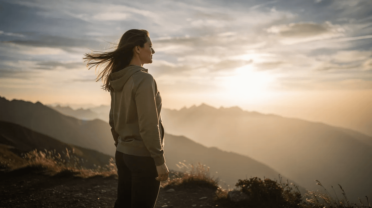 A confident woman stands outdoors, gazing toward a bright horizon with majestic mountains in the background, symbolizing hope and resilience in overcoming posttraumatic stress disorder (PTSD) through effective treatments like cognitive processing therapy and exposure therapy. This image reflects the journey of healing from traumatic experiences and the importance of mental health.